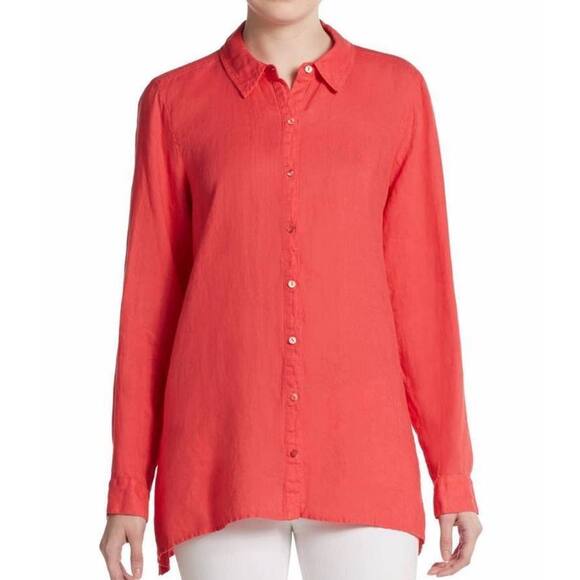Eileen Fisher Tops - Eileen Fisher Top Irish Linen Button Front Minimalist Coral Pink Orange Size XS